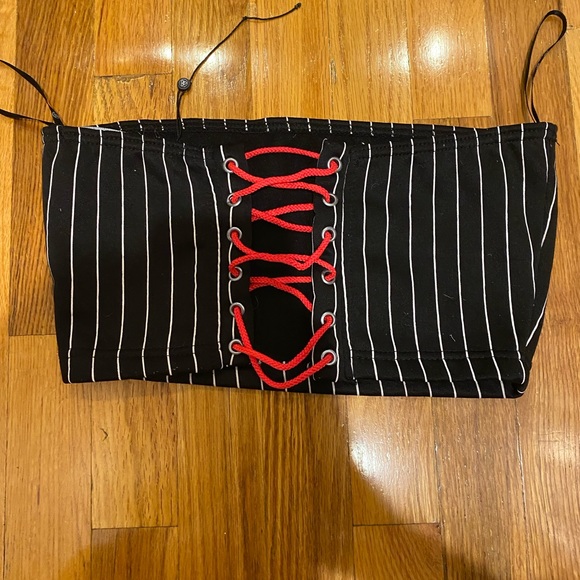 Missguided Madison beer 2 piece matching crop top lace up set joggers pinstripe - Picture 14 of 14